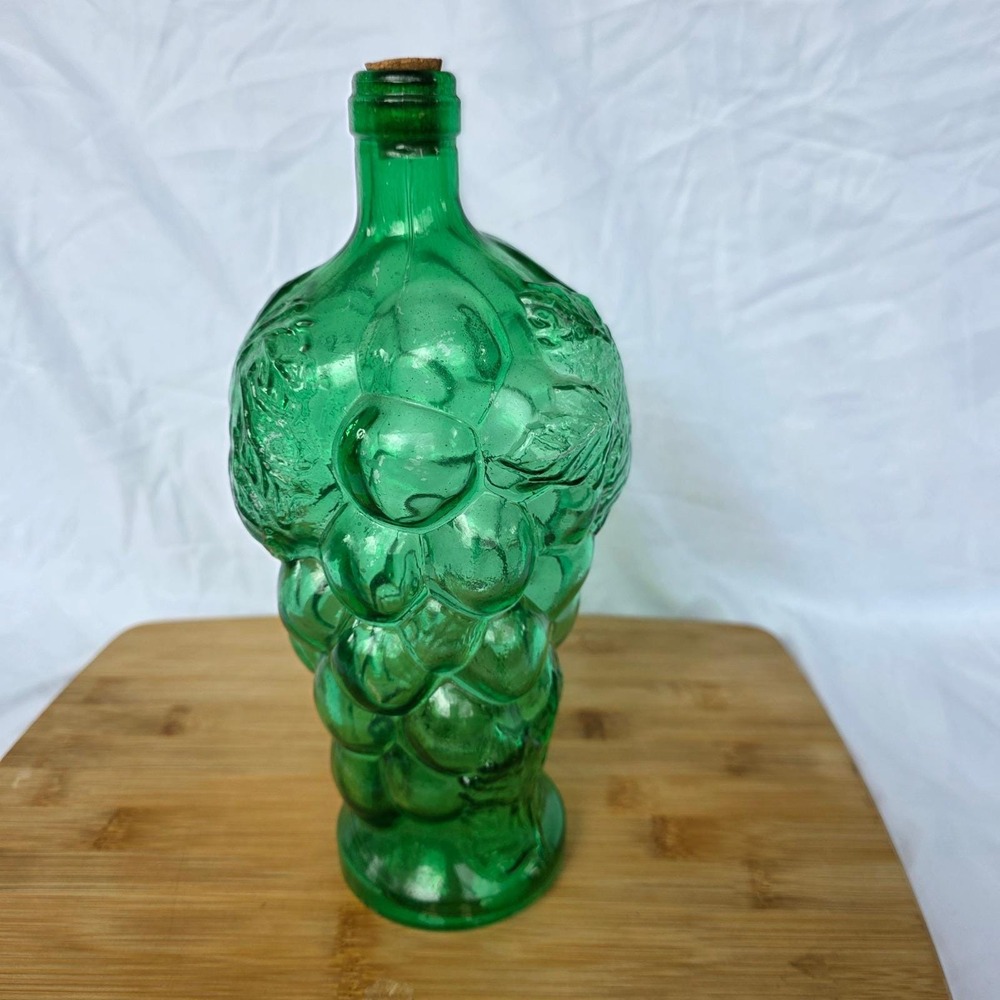 Vintage Hand-made Green Recylced Glass Grape Cluster Decanter Made in Spain